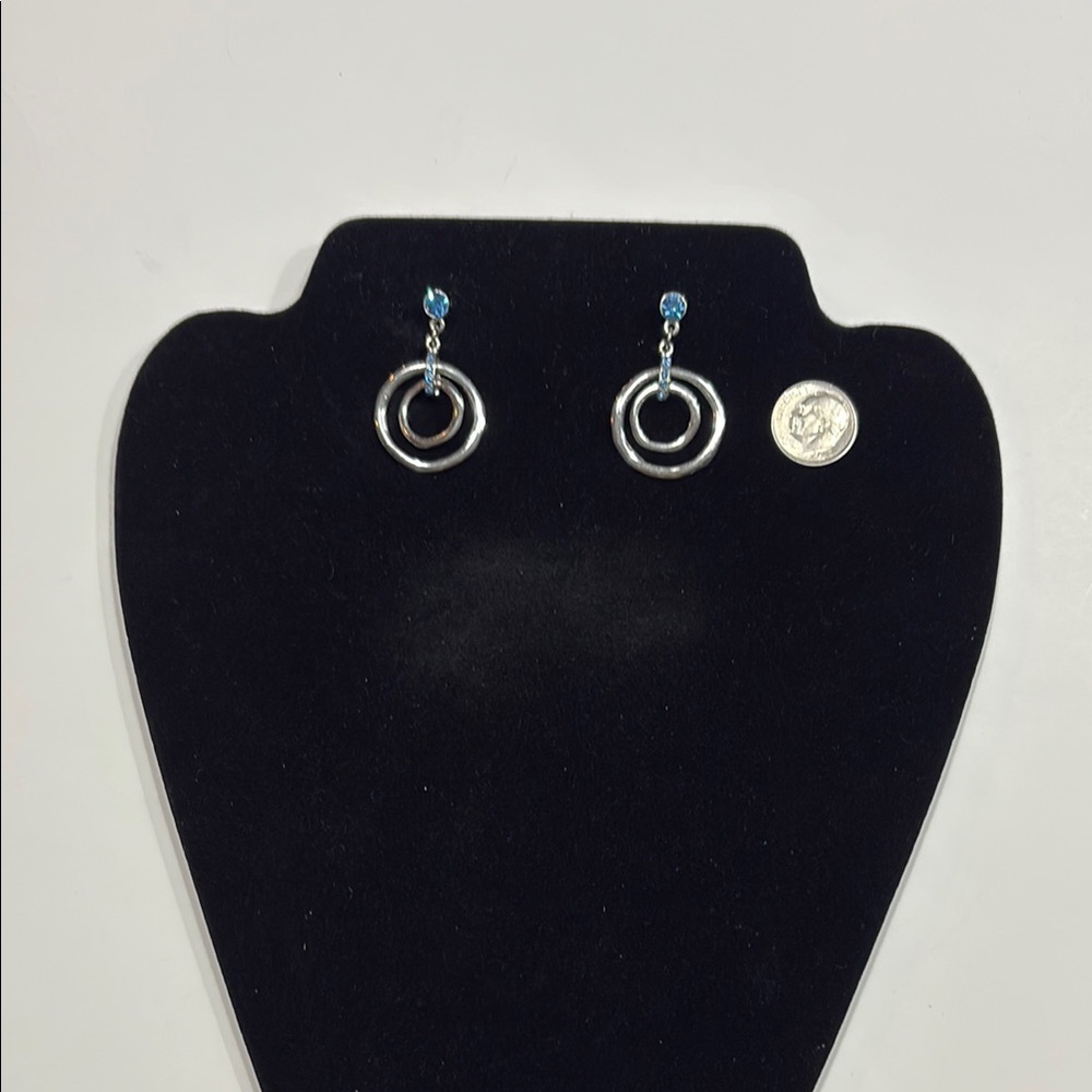 Silver Double Hoop Post Earrings with Blue Accents - Women Jewelry